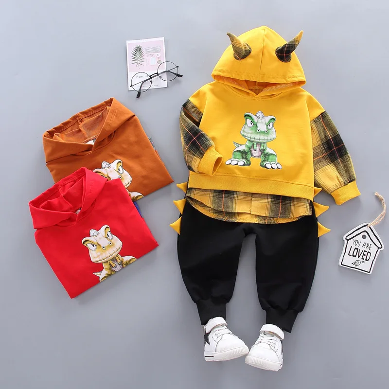 

2019 New Style Autumn Clothing Children Baby Fashion Plaid Set Fashion Korean-style Cartoon Pattern Dinosaur False Three-piece S