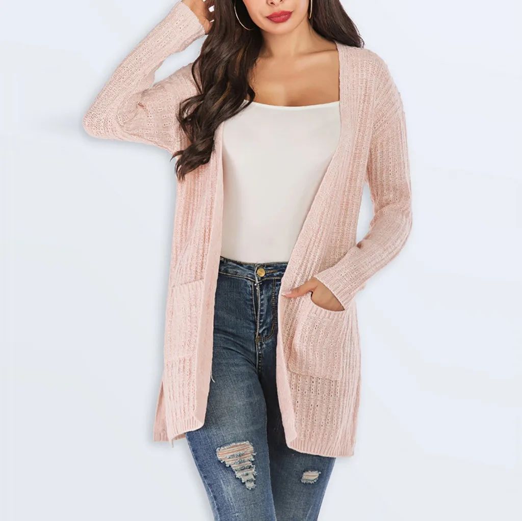 Pull femme nouveaute, свитер для женщин, однотонный, Открытый спереди, длинный рукав, карман, пальто, свободный свитер, верхняя одежда, Джерси, mujer