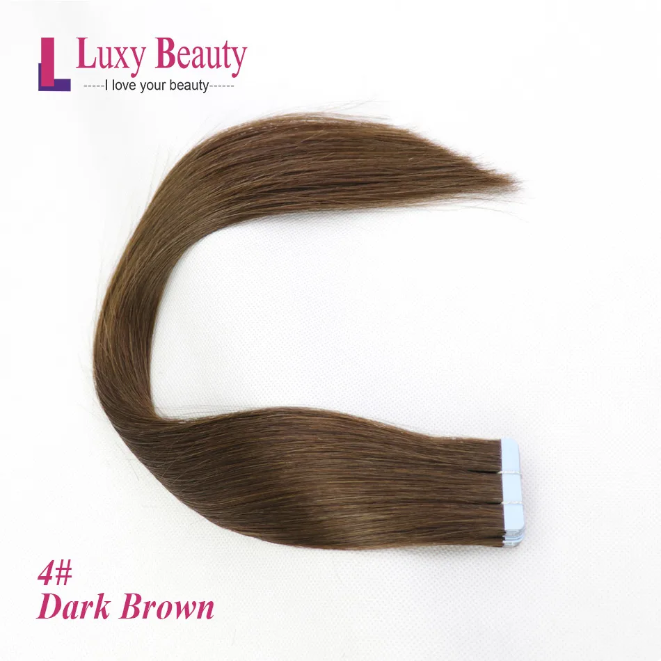 #4 LuxyBeauty Tape In Remy Наращивание волос Человеческие волосы 1"- 22" 20/30шт. Прямые двухсторонние уток для волос с кожей на клеях - Цвет: #4