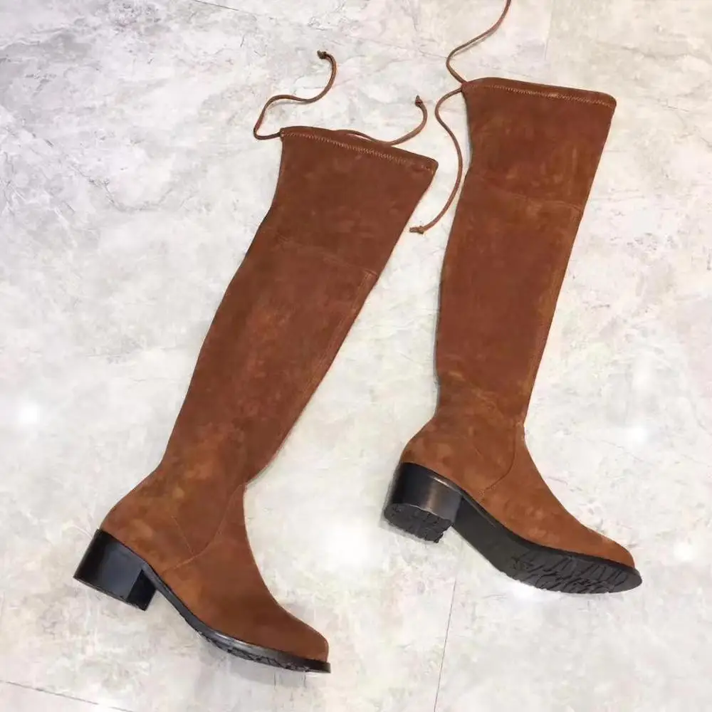 brown 4.5cm heel Пикантные эластичные высокие сапоги до бедра женские черные замшевые туфли на плоской подошве с круглым носком на высоком каблуке 2,5 см 7,5 см женские пикантные ботфорты - Цвет: brown 4.5cm heel