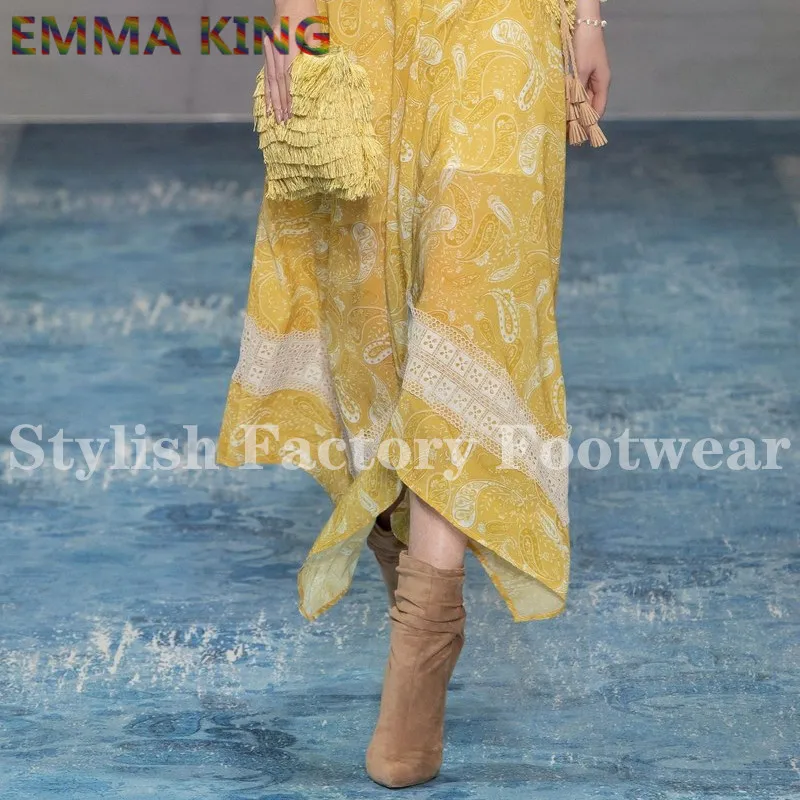 Emma king/пикантная модная обувь из черной овечьей замши роскошные ботинки до середины икры с завязками модная обувь на шпильках с круглым носком