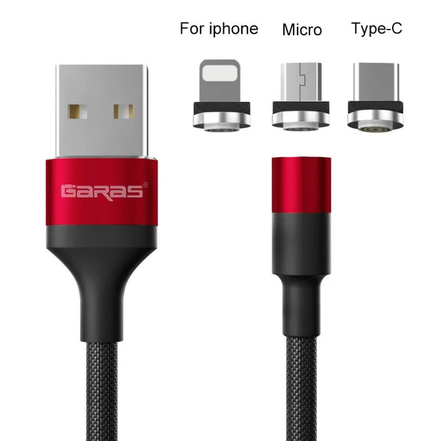 GARAS Magnetic USB Cable Adroid  Micro USB&Type C 3A Fast Charging Charger Data Cable QC3.0 Quick Charge Magnet Charger Cable red cable 3in 1