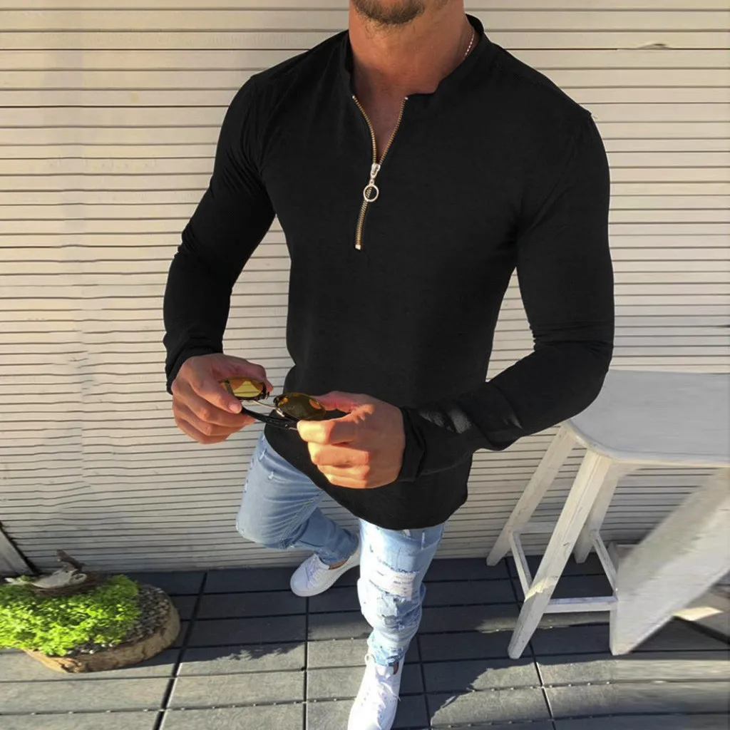Feitong camisa masculina, мужская рубашка, длинный рукав, однотонный, простой, на пуговицах, кардиган на молнии, повседневная, уличная, тонкая, облегающая, черная рубашка