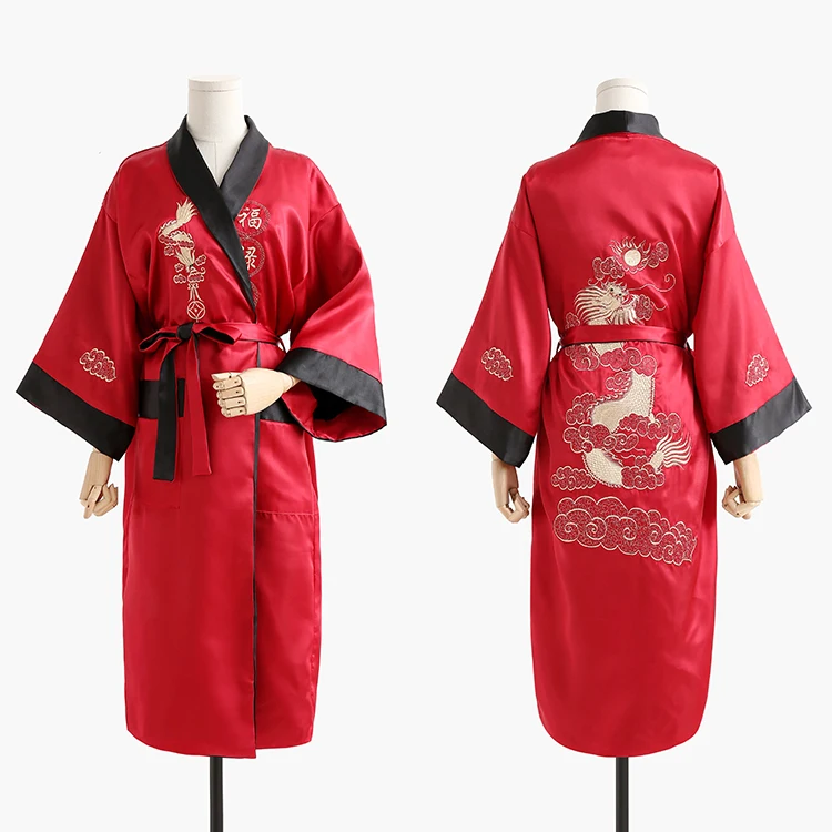 

Elegant Red Men Nightwear Kimono Gown Exquisite Embroidery Dragon Wedding Robe Sleepwear Summer Casual Unisex Bath Gown Pajama