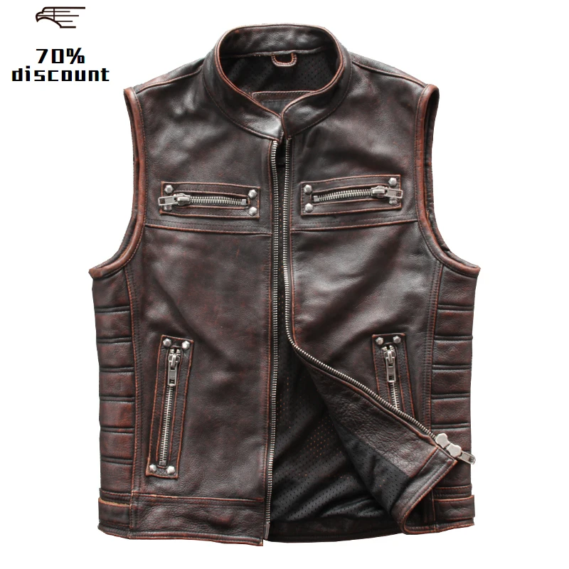 

2020 Vintage Brown Men Motorcycle Leather Vest Plus Size 4XL Genuine Cowhide Spring Slim Fit Biker's Natural Vest FREE SHIPPING