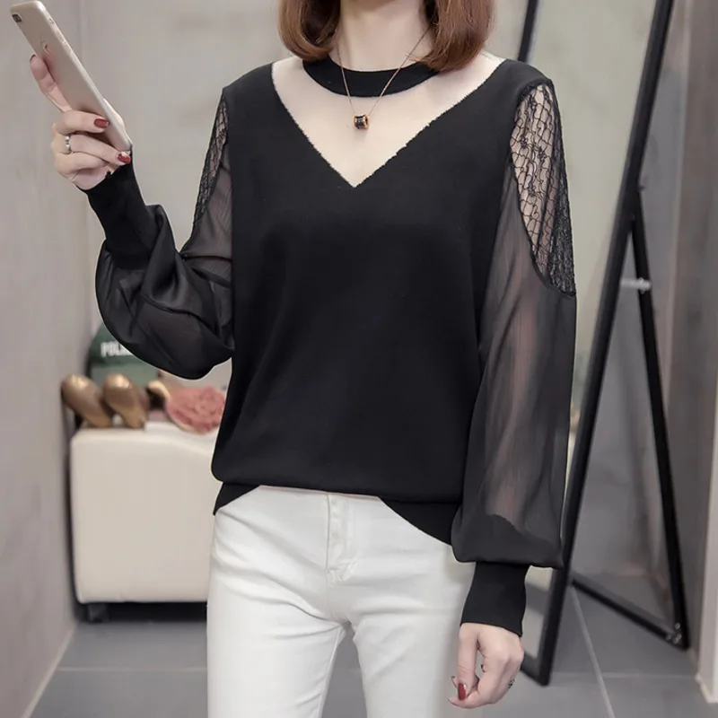 

Plus Size Mesh Patchwork Knit Pullover Sweaters Women 2020 Autumn Trendy Loose Ladies Chic Knitted Top Oversize Knitwear Jumpers