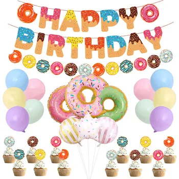 

Donut Party Birthday Balloons Donut Grow Up Happy Birthday Invitations Cake Topper Party Favor Bag Decoration Banner Party Box