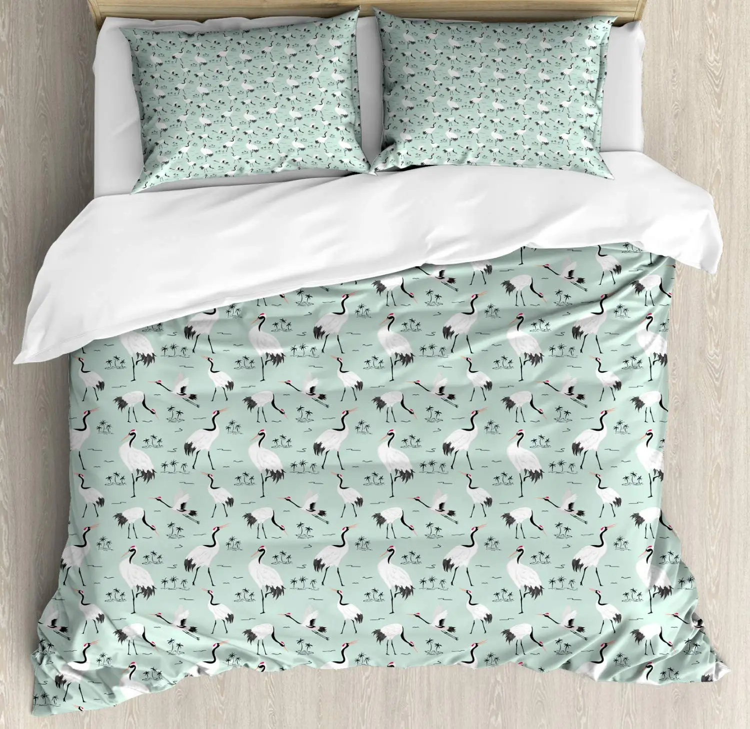 Bird Print Duvet Cover Set Japanese Cranes and Exotic Trees 3 Piece
