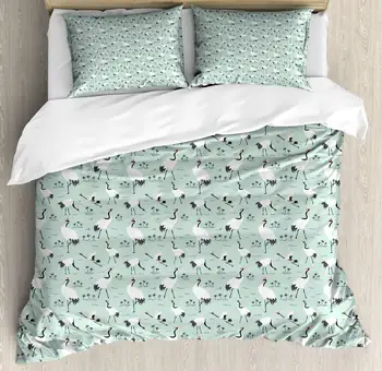 

Bird Print Duvet Cover Set Japanese Cranes and Exotic Trees 3 Piece Bedding Set Pale Blue White