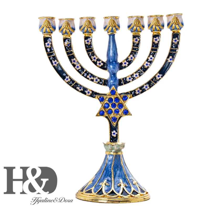 

H&D Hanukkah Menorah Hand Painted Enamel Candelabra Embellished Chanukah Menorah Temple Hexagonal Star of David Candlesticks 7 Branch Candle Holder Home Party Decoration Holy Land Gift