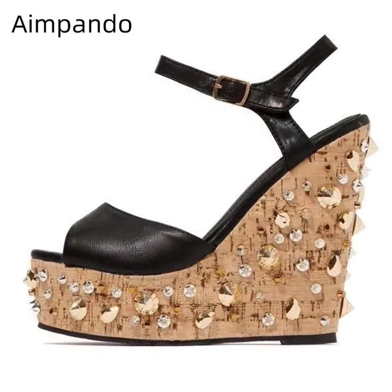 

High Wedge Heel Sandals Women Peep Toe Narrow Ankle Buckle Sandalias Med Platform High Wedges Decor Rivets&Crystal Sandals Women