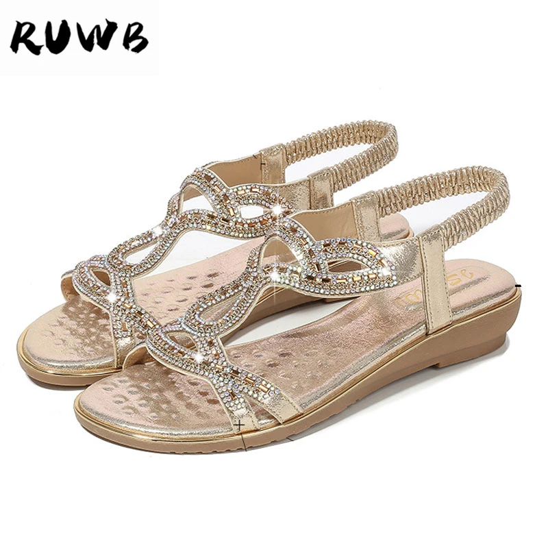 

RUWB 2019 Summer Women Rhinestone Sandals Bohemian Style Comfortable Soft Sandals Woman Large Size Sandalias Zapatos De Mujer 42