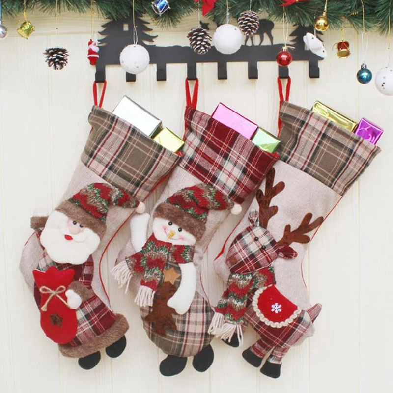 Large Christmas Stocking Santa Claus Sock Plaid Gift Holder Christmas Tree Decoration New Year Gift Candy Bags