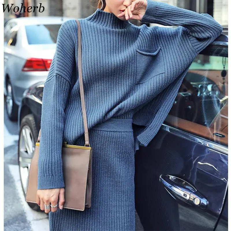 

Woherb Spring Autumn Two-piece Set Women Causal Turtleneck Sweater+knitted Long Skirts Korean 2020 New Sweatsuits for Women