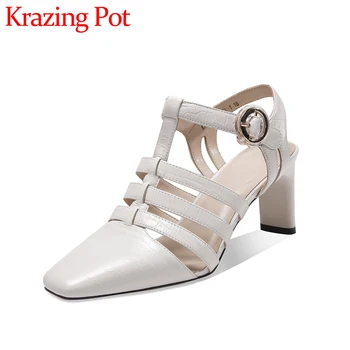 

Krazing pot 2020 summer small square toe high heels vacation office lady sexy simple style elegant buckle straps cozy pumps L02