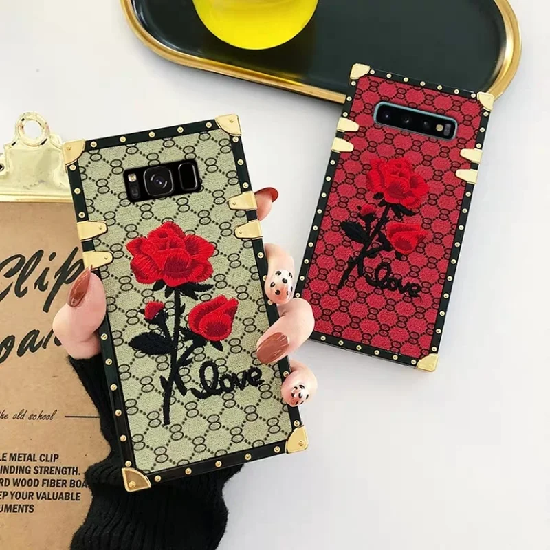For Samsung Galaxy S10 S9 S8 Plus Note 9 A50 A70 Square Back Cover 3D Embroidery Rose Flower Phone Case Luxury Metal Rivet Frame