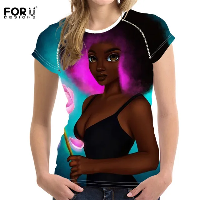 FORUDESIGNS/женские футболки Повседневная летняя одежда американская африканская темнокожая девушка художественный дизайн студенческие девушки тонкие топы футболки - Цвет: HMC1740BV