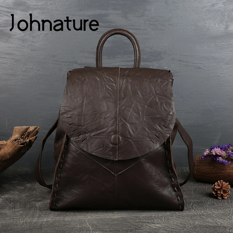 

Johnature Retro Backpack 2024 New Genuine Leather Women Bag Leisure First Layer Cowhide Large Capacity Solid Color Travel Bags