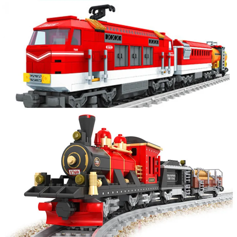 

DIY City Train Building Blocks Diesel Rail Cargo With Tracks Set Model Technic Carriage Locomotive Rails Children Kid Toys Gift