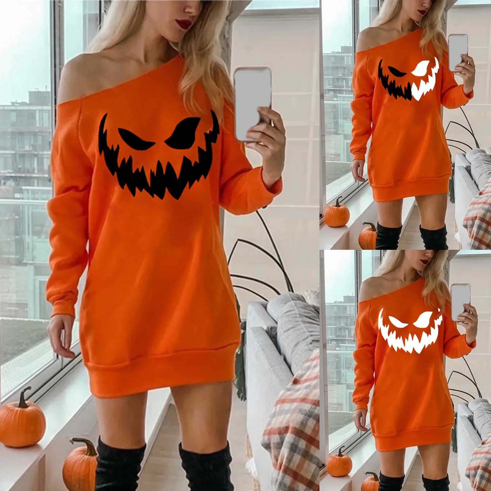Halloween Sweatshirt for Women Pumpkin Skeleton Face Bat Print Sweatshirt Casual Loose Fit Long Sleeve Sweatshirt Top 