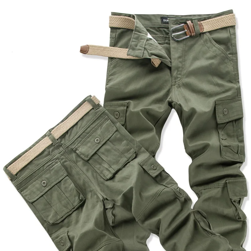 Men Spring Autumn Cargo Pants Casual Pure Cotton Multi Pockets Straight Slacks