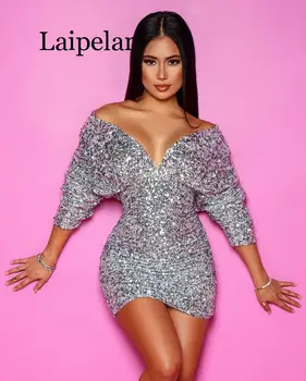 

2020 Sexy V-Neck Sequin Party Dress Clubwear Women Puff Sleeve Bodycon Backless Mini Dress Ladies Evening Party Dress Vestido