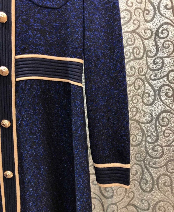 autumn and winter new women's round leader shoulder button buckle color stripes side decoration long-sleeved dress 1018