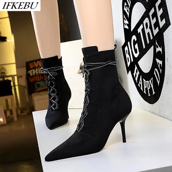 

Lace Up Ankle Boots for Women Fashion High Heels Shoes Pointed Toe Knitting Boot 2020 Brand Zapatos De Mujer Black