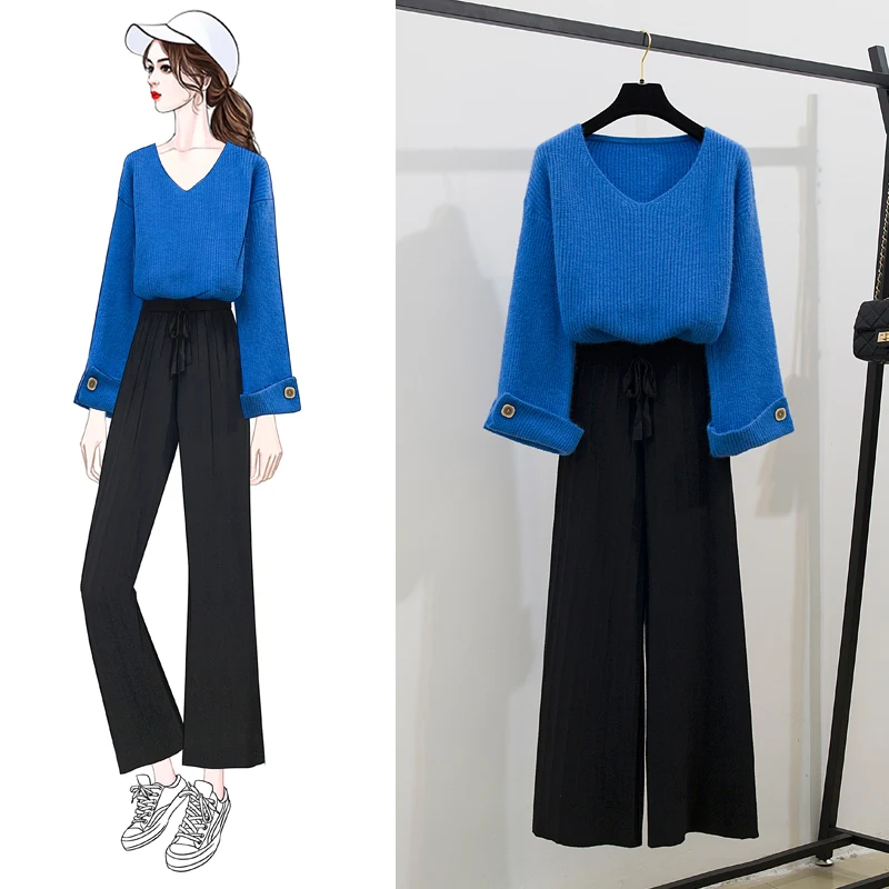 

Female Autumn New V Neck Pullover Sweater Knit Leisure Wide-Legged Pants Coat Two Pcs Knitted Casual Suits Knitwear Top Outfits