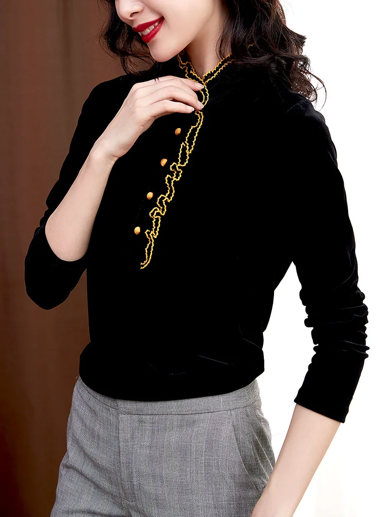 

Black And White with Pattern Gold Velvet Tops Women's Long-Sleeve 2020 Spring New Style Fashion Western Style Frilled Slimming U