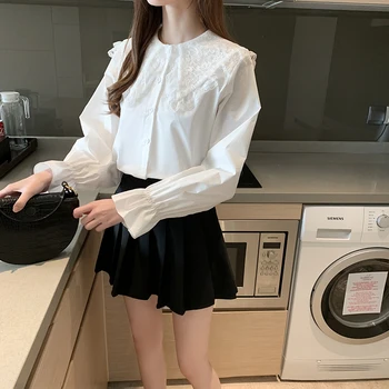 

COIGARSAM Casual Patchwork Shirt Womens tops New Spring Full Sleeve Chiffon Solid Loose Straight Women shirts White 5807