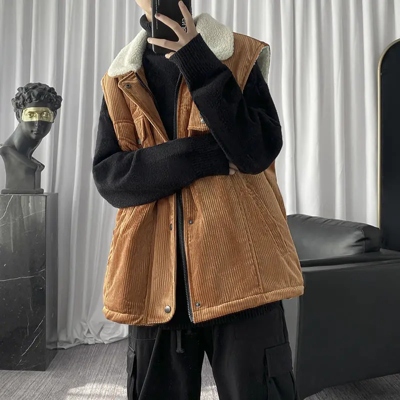 

Winter Plus Velvet Thickened Corduroy Vest Men's Warmth Fashion Retro Cotton Vest Men Loose Korean Lamb Hair Vest Coat Mens