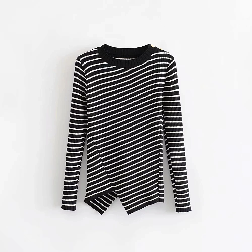 

Irregular Hem Women Striped knitting T shirt 2019 Autumn Leisure Lady Long Sleeve Tops O Neck Bottoming shirt T1233
