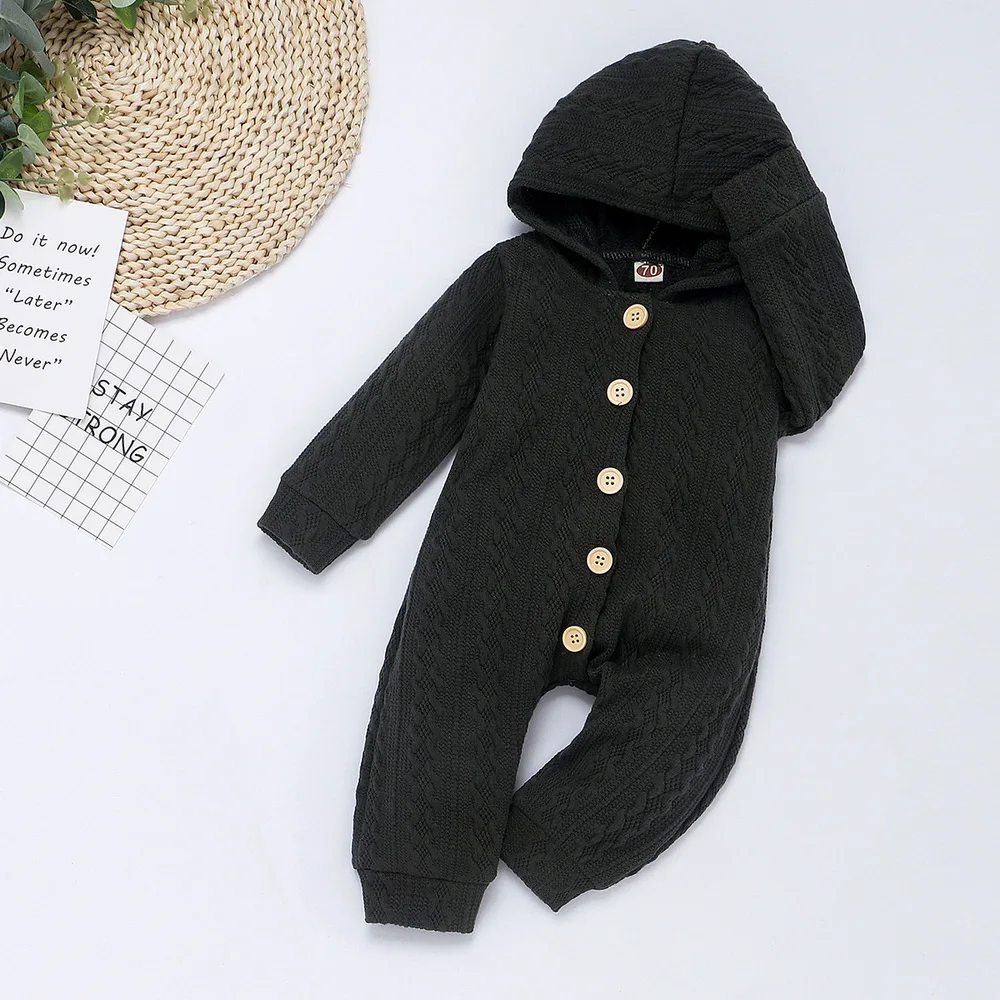Baby Girl Clothes Winter Long Sleeve Romper Warm New Born Baby Sweater Hooded Romper Casual Solid Colour Playsuit Outfits D30