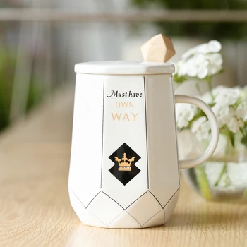 

Nordic Diamond Shape Ceramic Cup INS Creative Coffee Mug with Lid Spoon 400ml Large Capacity Juice Milk Mugs Office Drinking Cup