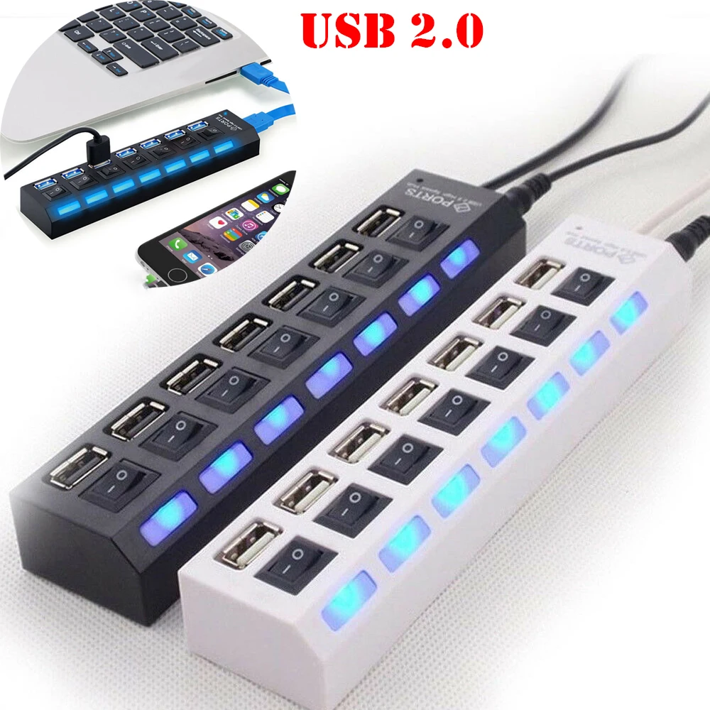 USB 2,0 мульти Зарядное устройство Hub+ высокая Скорость адаптер 7-Порты и разъёмы на переключатель включения/выключения для ноутбука/PC USB Зарядное устройство