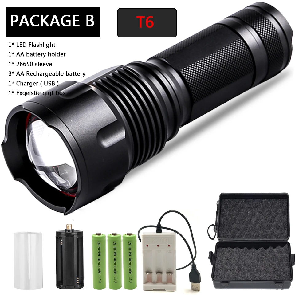 Package B Cree XHP70 XHP50 XM-L2 U3 XM-L T6 светодиодный вспышка светильник Водонепроницаемый фонарь с приближением, Мощность 26650 18650 14500 АА перезаряжаемая батарея светильник - Испускаемый цвет: Package B