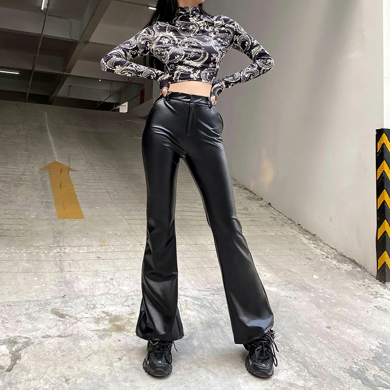 

Flared Faux Leather Pants Women Femme Pantalon Mujer Pantalones Kobieta Spodnie Trousers High Waist Black Winter Punk Streetwear