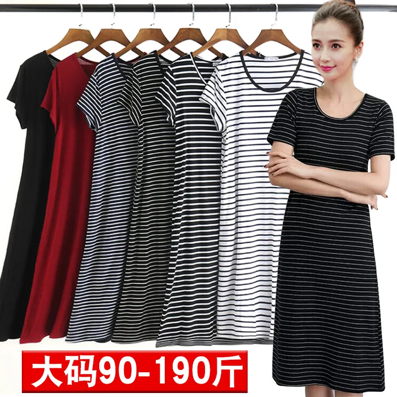 

19 Spring And Summer Fat Mm Plus-sized And Big V-neck Stripes Short-sleeve Dress WOMEN'S Dress Loose-Fit Slimming Base Long Skir