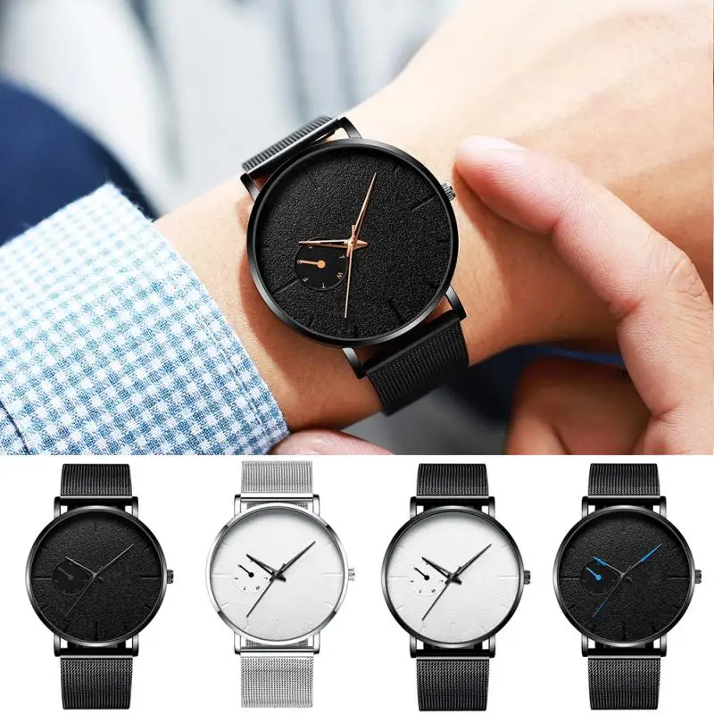 

Round Adult Buckle Wrist Men Watch Business Casual Button Battery Ultra Thin Fashion Automatic Stainless Steel Strap Dial