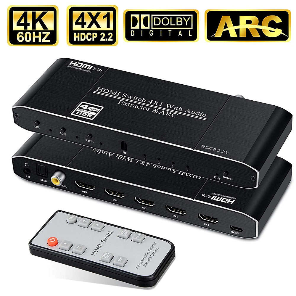 

2019 Best 4K HDMI 2.0 Switch Remote 4x1 HDR HDMI Switcher Audio Extractor With ARC & IR Switch HDMI 2.0 For PS4 Apple TV HDTV