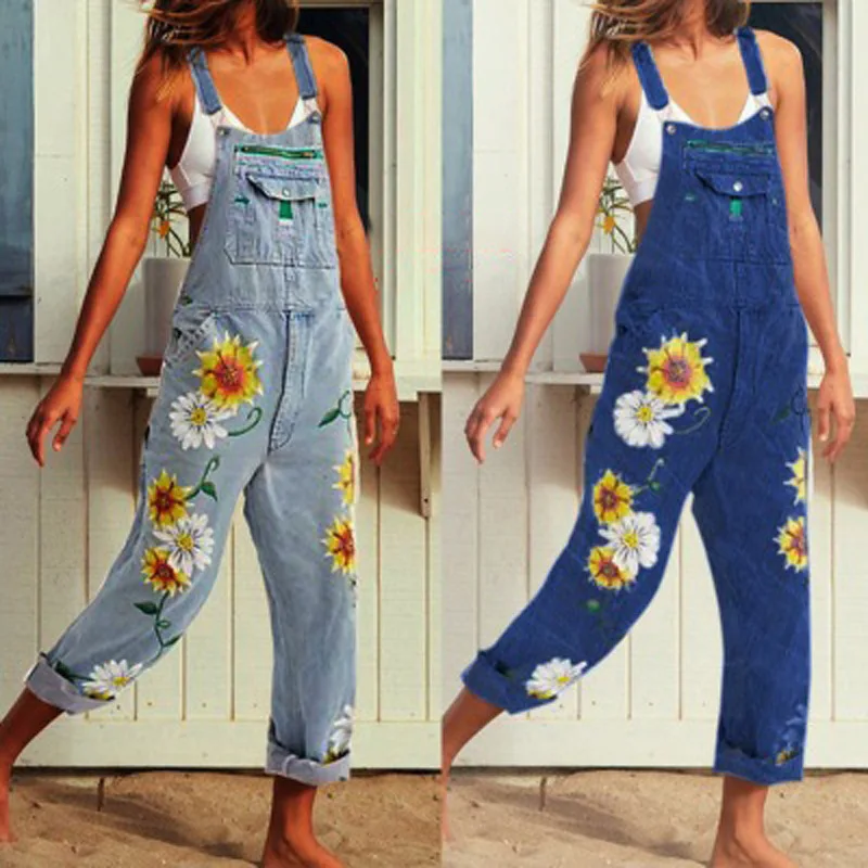 Pantalones vaqueros para mujer, vaqueros con tirantes estampados para mujer europea/americana, pantalones con bolsillos grandes, petos, vaqueros de cintura media