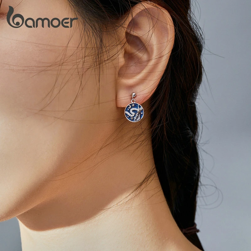 Günstige Bamoer Luxus Klar CZ Design Starry Sky Blue Emaille Runde Baumeln Ohrringe für Frauen 925 Sterling Silber Kunst Bijoux SCE780