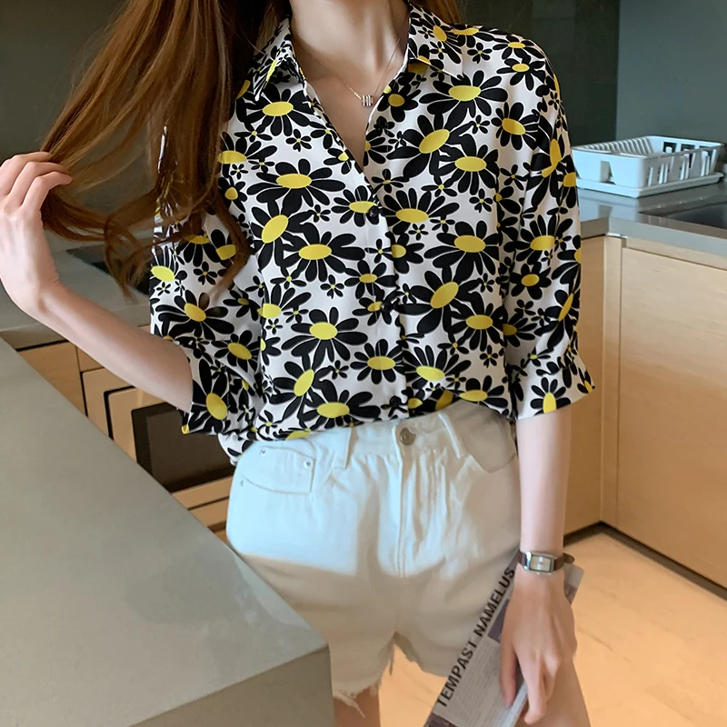 Modis Femme Womens Tops Fashion 2020 Summer White Black Sunflower Shirt Women Short Sleeve Korean Blouse Woman Roupas Femininas