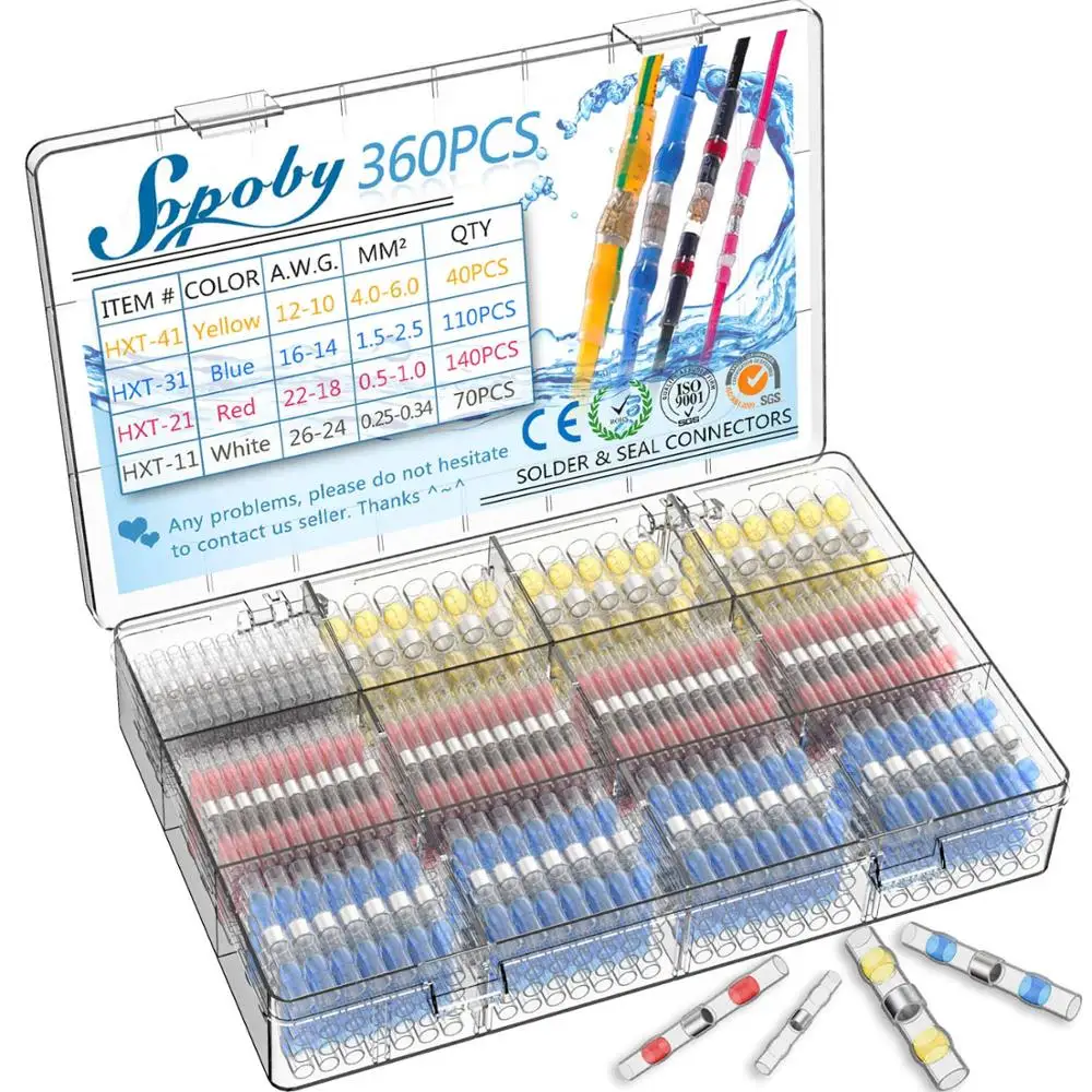 

360PCS Solder Seal Wire Connectors Heat Shrink Solder Butt Connectors Terminals Connector Kit Automotive Marine Insulated Kit