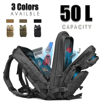 

50L Large Military Capacity Man Army Tactical Backpacks Outdoor 3P Waterproof Assault Bags Pack For Sport Trekking Camping Hun