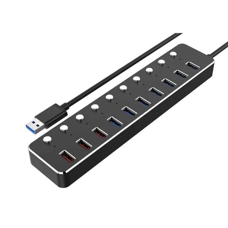 10 портов USB 3,0 концентратор Алюминиевый сплав Быстрая зарядка USB разветвитель с адаптером питания Кнопка светодиодный светильник