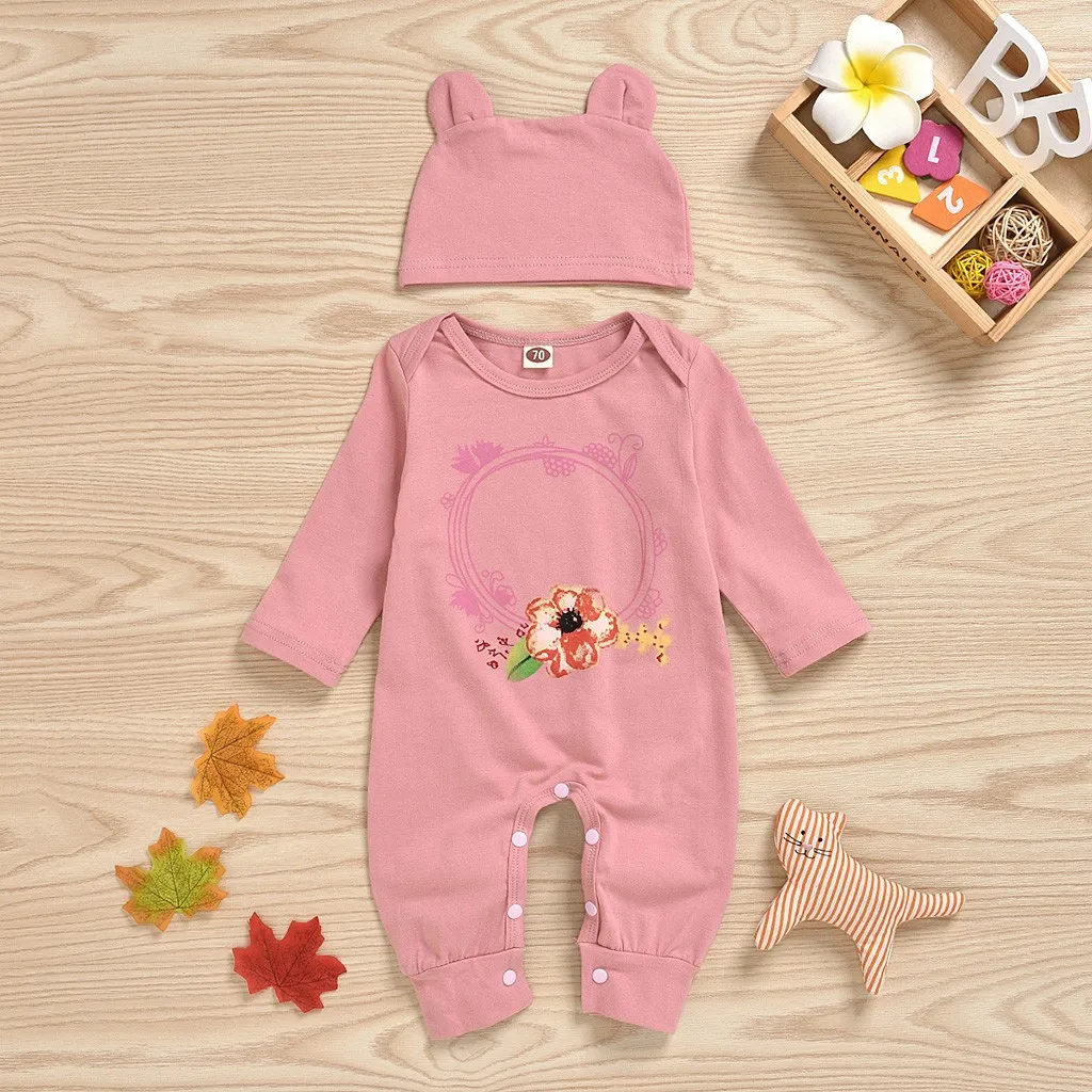 Toddler Baby Long Sleeve Letter Printed Romper Jumpsuit+Hat Clothes Outfit Fashion Unisex O-neck Winter fashion Romper#guahao