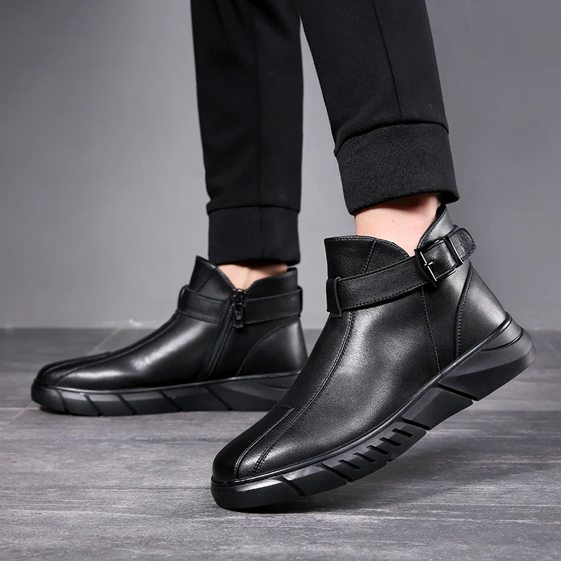 

Misalwa Short Men Boots Winter / Spring Zipper Buckle Slip-on Black Leather Ankle Boots Platform High-top Military Shoes