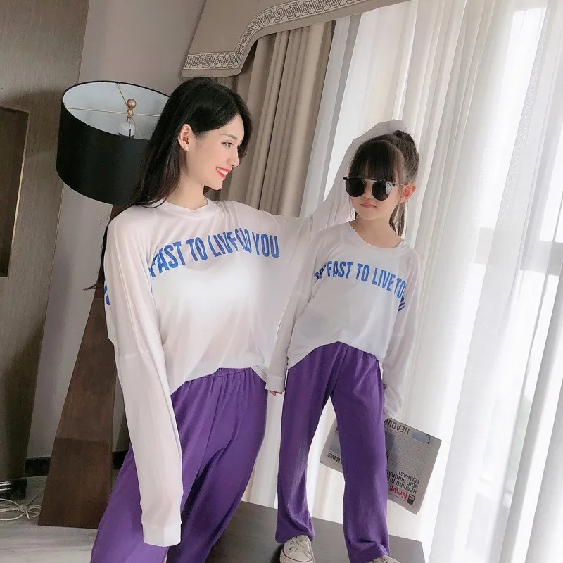 Parent-child suits age thinner loose long-sleeved T-shirt purple sun protection + sports wide-leg pants two-piece western style